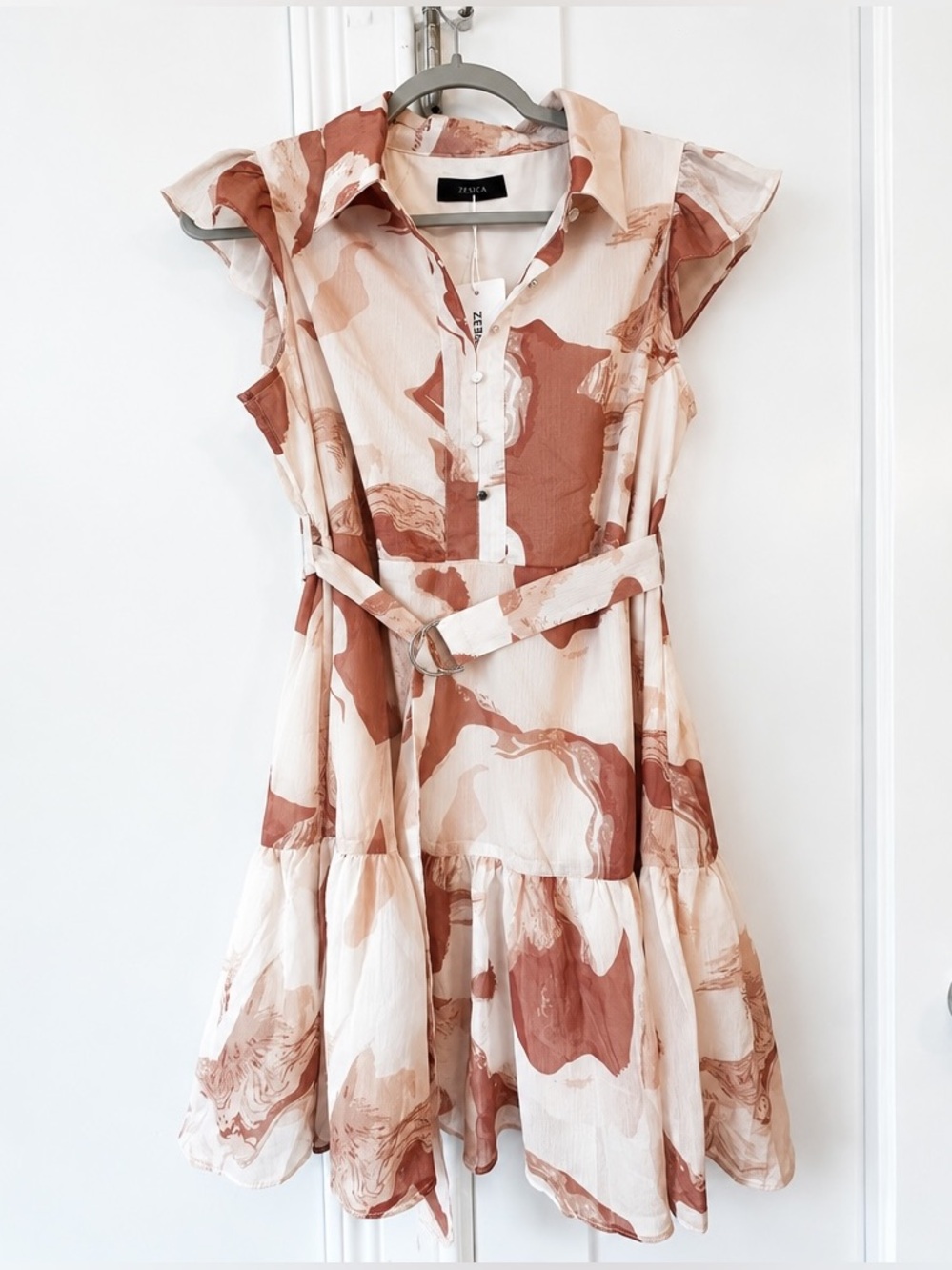 Zesica Tan & Cream Marble-Print Dress with Belt